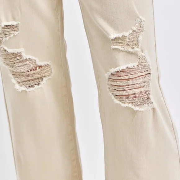 High Rise Mom Jeans Distressed Torn Knee Wide Leg Cream Denim Pants Judy Blue - Picture 12 of 14